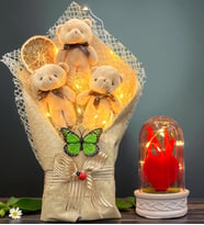 Led Işıklı Büyük Boy Peluş Ayıcık Buketi ve Led Işıklı Biblolu Fanus Hediye Seti (Model 3)