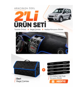 e-biz FORD CONNECT (2009-2012) Uyumlu Torpido Örtüsü + Deri Bagaj Çantası Seti - Siyah-Mavi - FO017