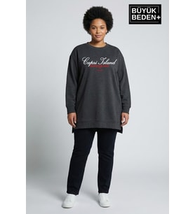 Kadın Tunik Büyük Beden Capri Island Baskılı ince Sweatshırt SPR26BTK990-1