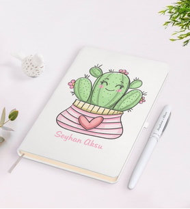 BK Gift Kişiye Özel İsimli Kaktüs Tasarımlı Beyaz Defter ve Kalem Seti-2