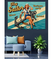 Denizci Pin-Up Kız Vintage Dekoratif Kanvas - Mdf Ahşap Tablo