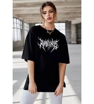 Unisex Bisiklet Yaka Baskılı Oversize T-Shirt - Siyah