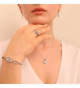 925 Ayar Gümüş Trapez Taşlı Kolye-Küpe-Yüzük-Bileklik Set
