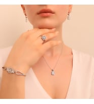 925 Ayar Gümüş Trapez Taşlı Kolye-Küpe-Yüzük-Bileklik Set