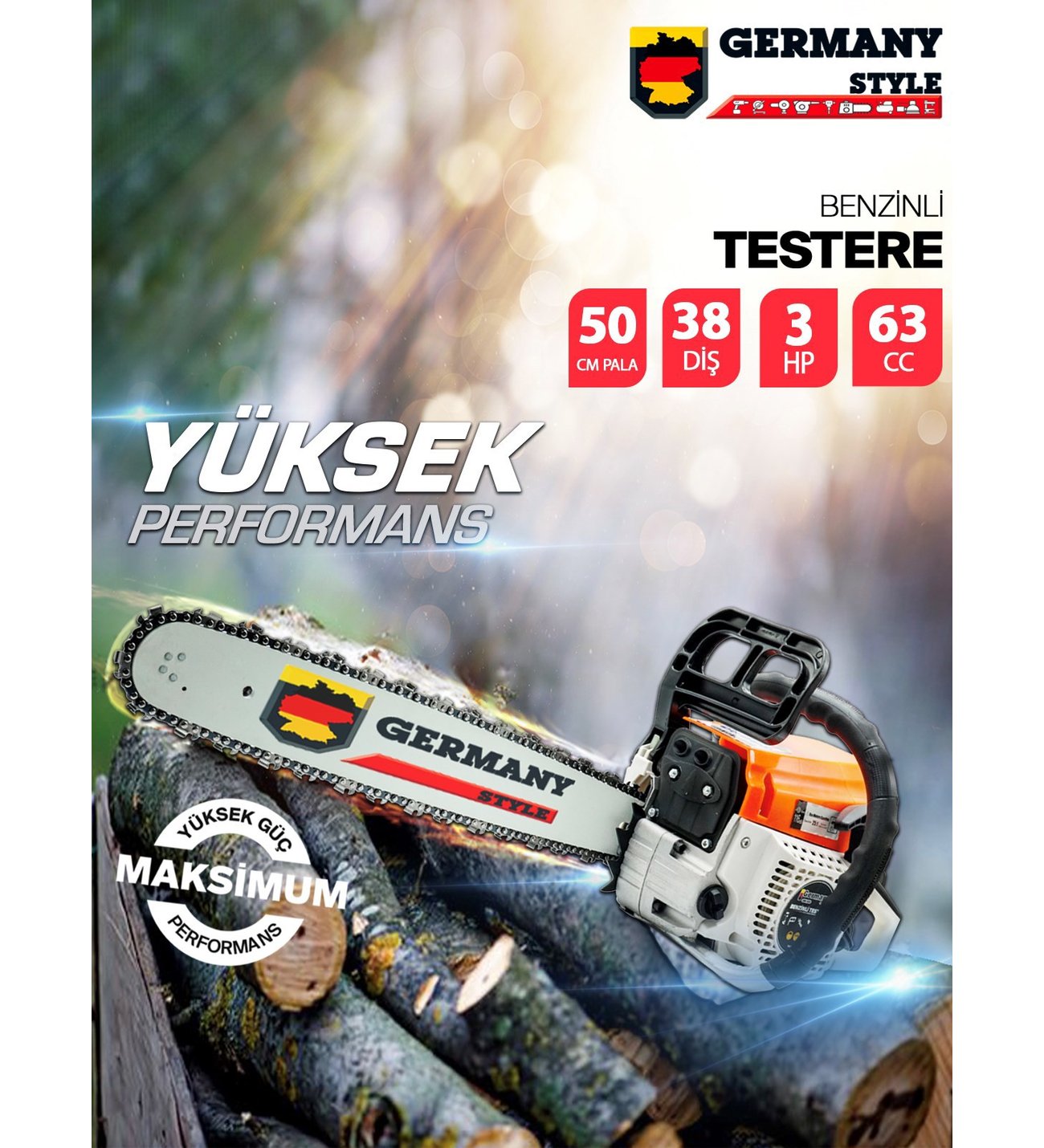 Germany Style 15 Hpx 63cc Ağaç Odun Dal Kesme Makinesi Motorlu