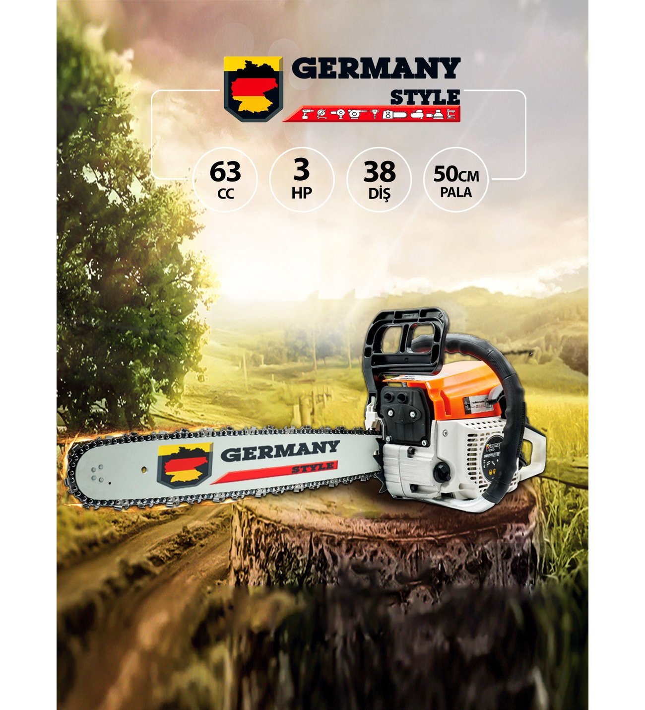 Germany Style 15 Hpx 63cc Ağaç Odun Dal Kesme Makinesi Motorlu