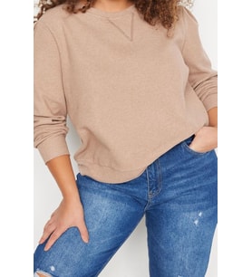 Büyük Beden Tarz Regular Bisiklet Yaka Balon Kol Regular Selanik İnce Örme Sweatshirt