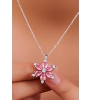 Pembe Kuvars Taşlı Lotus Çiçeği Gümüş Kolye 925 Ayar Gümüş Kolye ST032