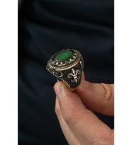 Oval Yeşil Taşlı Ayyıldız Motifli 925 Gümüş Erkek Yüzük