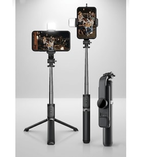 Bluetooth Kumandalı Tripodlu Işıklı Selfie Stick - Uzatılabilir, İOS & Android Uyumlu (Siyah)