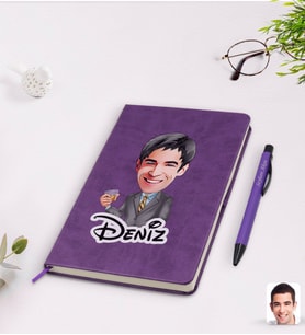 BK Gift Kişiye Özel Erkek Karikatürlü Mor Termo Deri Defter Kalem Seti Model 52