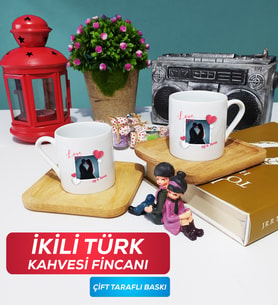 İkili Sevgiliye Sevgililer Günü Hediyesi 7 Türk Kahvesi Fincanı Ahşap Altlıklı