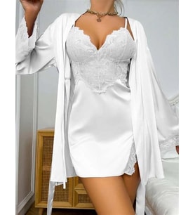 Amora Secret Dantel İşlemeli İnce Askılı Beyaz 2'li Saten Gecelik Sabahlık Takımı