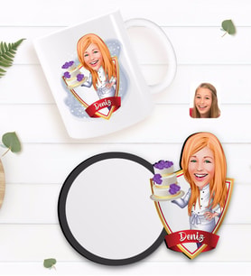 BK Gift Kişiye Özel Kadın Chef Karikatürlü Beyaz Kupa ve Ahşap Bardak Altlığı Hediye Seti-2