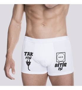 Tak Fişi Bitir İşi Komik Yazılı Erkeğe Pamuklu Boxer