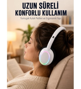 Beyaz Kablosuz Bluetooth Kulaklık Mikrofonlu Ergonomik Kulak Üstü Tasarım