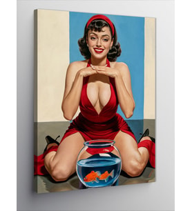 Kanvas Tablo Kırmızı Elbiseli Pin Up Kadın Ve Balık