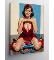 Kanvas Tablo Kırmızı Elbiseli Pin Up Kadın Ve Balık
