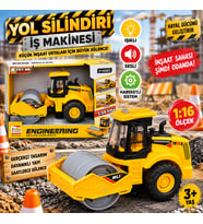 Kutulu Pilli Yol Silindiri İş Makinesi Işıklı ve Sesli 1:16 Ölçekli İnşaat Aracı Oyuncak