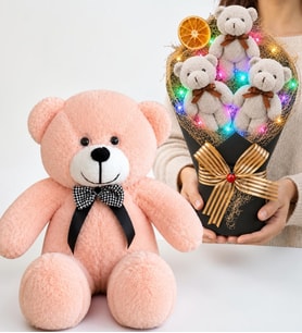 Renkli LED Işıklı Gri Peluş Ayıcık Buketi ve 50 cm Pembe Peluş Ayıcık Hediye Seti