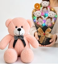 Renkli LED Işıklı Gri Peluş Ayıcık Buketi ve 50 cm Pembe Peluş Ayıcık Hediye Seti