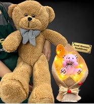 Size Özel Led Işıklı İsimli Ayıcık Buketi ve Büyük Boy 80cm Kahve Peluş Ayıcık (Model 6)