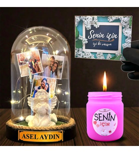 Sizlere Özel Led Işıklı Fanus ve Mis Kokulu Mum Hediye Seti Kişiye Özel Hediye (Model 2)