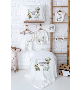 Pia Baby Premium İsim Baskılı Yenidoğan Erkek Bebek Hastane Çıkışı Set 5038-02 (Ekru)
