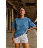 Kadın Mavi %100 Pamuk Oversize Basic Tişört – Rahat Kalıp Relaxed Bisiklet Yaka T-Shirt