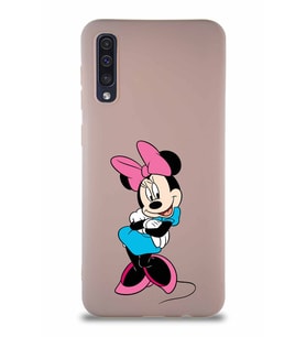 Samsung Galaxy A50 Soft Premier Kapak Minnie Mouse-D Tasarımlı Silikon Kılıf - Pudra (Şeffaf)