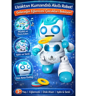 Uzaktan Kumandalı Disk Atan Akıllı Oyuncak Robot Işıklı Müzikli Dansçı Robot (Mavi)