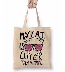 My Cat İs Cuter Than You Kedi Bez Çanta Uzun Saplı