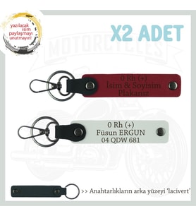 Motosiklet Severlere, İsim Plaka ve 0 Rh (+) Kan Grubu Yazılı 2' li Anahtarlık, Kırmızı-Beyaz-Laci (Çok Renkli)