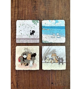 Doğal Taş Bardak Altlığı 4'lü Set 10x10x1 cm Sevimli Kediler Baskılı-Stone Coasters