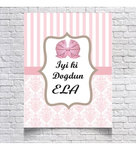 Pembe Çizğili Damask Desenli Doğum Günü Afişi 35X50 cm