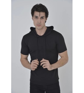 Kadın Kapüşonlu T-Shirt Kısa Kol Bisiklet Yaka Slimfit Tişört - Siyah