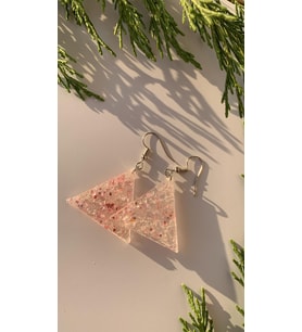 Epoksi İçine Pembe Glitter Süs Tırtıklı Kristal Desen Üçgen Şekil Gümüş Aksesuar Küpe El Yapımı