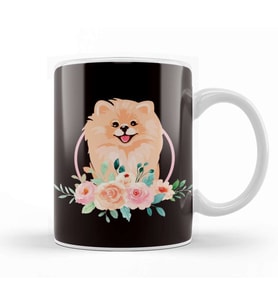 Pomeranian Flowers Pommy Pom Dog Breed German Spitz Puppy Kupa Bardak Porselen