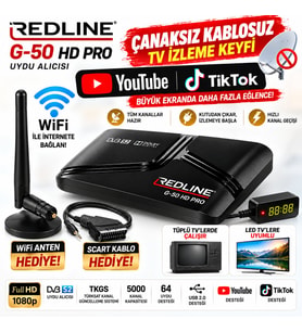 Redline G50 HD Pro Full HD Uydu Alıcısı Tüplü TV Uyumlu Çanaksız Tv İzleme YouTube WiFi Destekli TKGS 5000 Kanal WiFi Anten ve AV Scart Kablo Hediyeli
