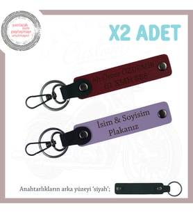 Retro Motorculara Özel, İsim Ve Plaka Yazılı Hediyelik x2 Kişisel Deri Anahtarlık Set, Mor-Bordo-Syh