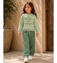 Çiçek Desenli Kabartma Flower Yazılı Mint Yeşili Sweatshirt ve Puantiye Baskı Detaylı Eşofman Alt ÜsTakım