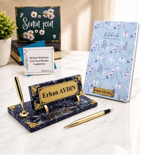 Kişiye Özel Ofis Hediye Seti Siyah Mermer Masa İsimliği ve Özel Defter