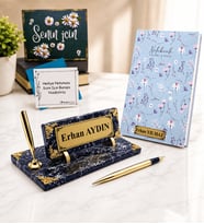 Kişiye Özel Ofis Hediye Seti Siyah Mermer Masa İsimliği ve Özel Defter