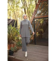 O Yaka Kısa Tunik Pantolon Sade İkili Tesettür Eşofman Takımı - (38-46) - 71219 - Füme
