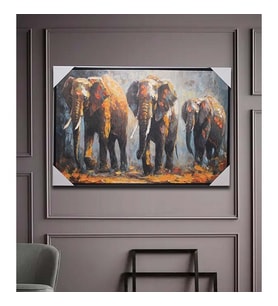Retro Renkli Vintage Fil Ailesi Duvara Asmalı Yağlı Boya Tablo 90x60