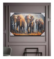 Retro Renkli Vintage Fil Ailesi Duvara Asmalı Yağlı Boya Tablo 90x60