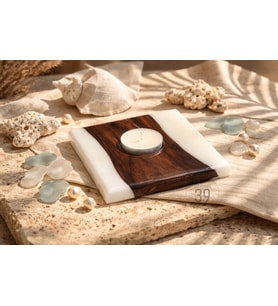 Classic Ceviz & Epoksi Mumluk – El Yapımı Tealight Mumluk – 12x12 cm Tasarım Dekoratif Mumluk (Beyaz-Altın)