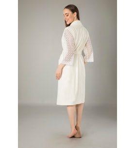 Nuşa Şalyaka Dantelli Bambo Cotton Bayan Bornozu (Krem)