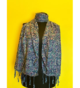 ÇİFT TARAFLI EKOSE VE ÇİÇEKLİ PÜSKÜLLÜ FULAR ŞAL 165X45 CM (Mavi)