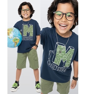 Erkek Çocuk Takım Bilim Baskılı Pamuk T-Shirt Gabardin Dokuma Şort Yazlık Takım (Lacivert)
